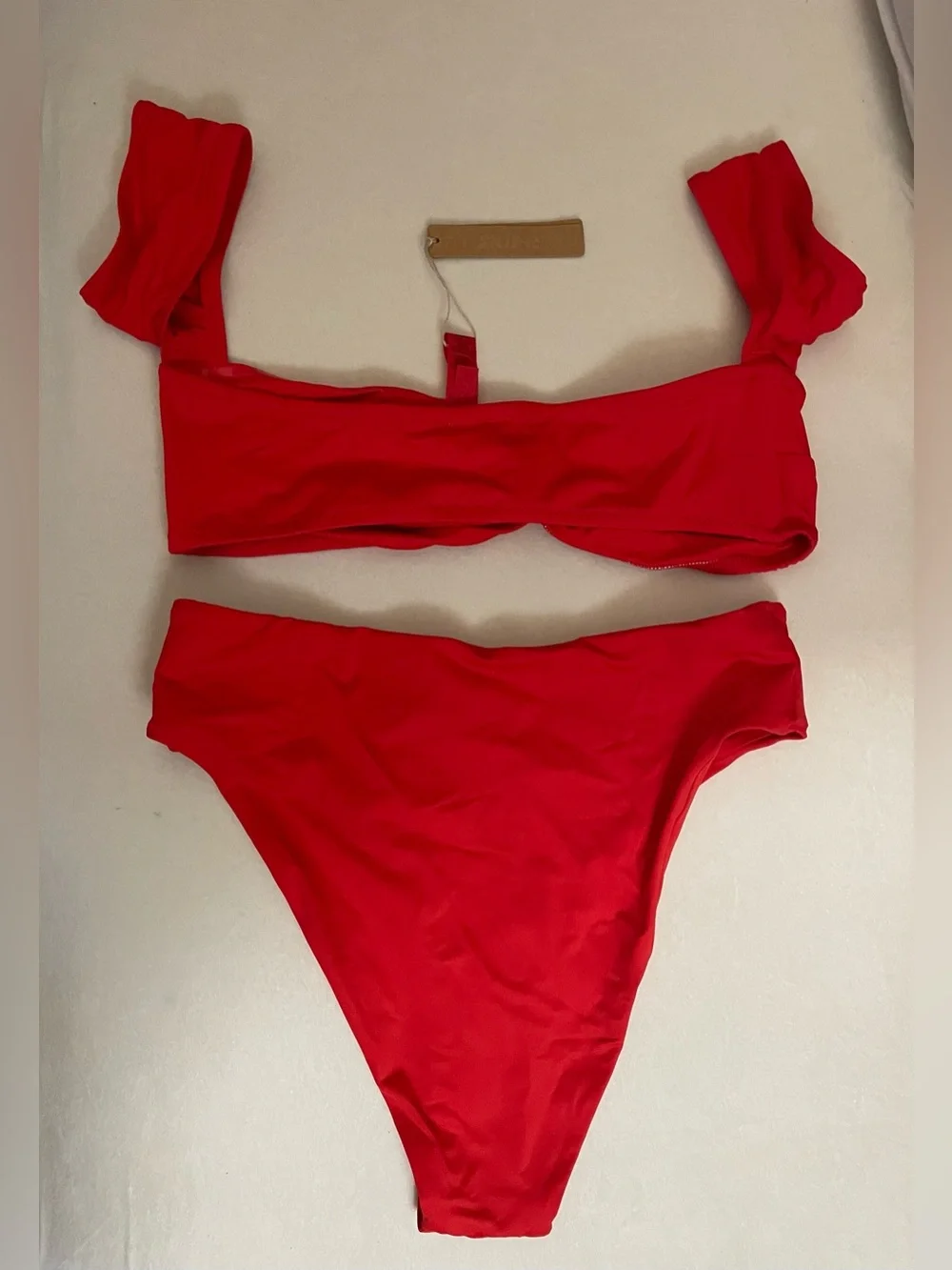 Skims 2Pc SET Twisted Off-Shoulder Bikini Top & Mid Waist Bottoms Ruby Red M